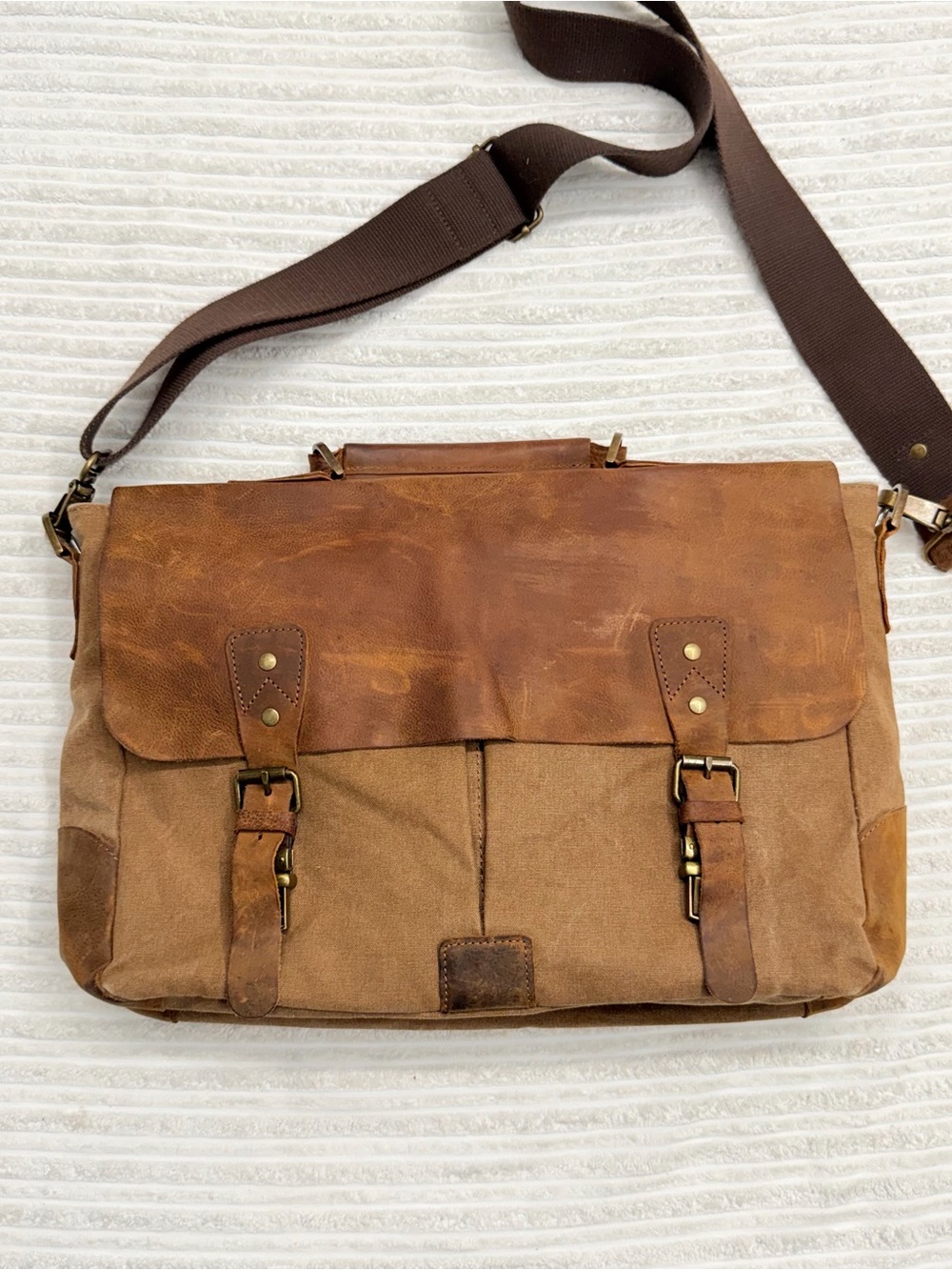 Wilsons Leather-Trim Brown Canvas Briefcase Messenger Bag